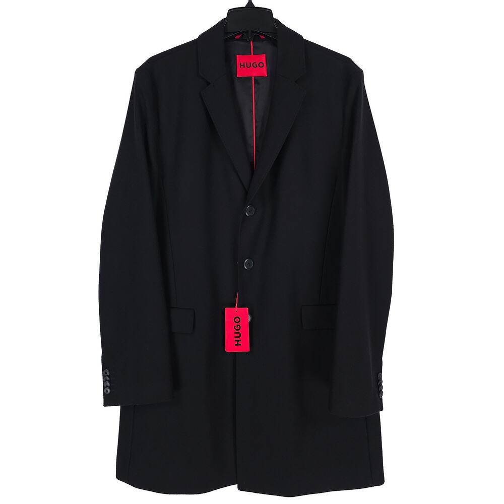 Hugo Boss Mens Migor Slim Fit Overcoat 42R Black Solid Virgin Wool Blend NWT